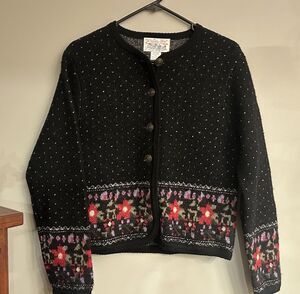 Vtg TALLY-HO 100% Wool Cardigan Small Petite Scandinavian Fair Isle Sweater